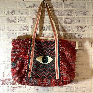 Evil Eye Good Luck Hand Beaded Orange And Blue Tote Bag.